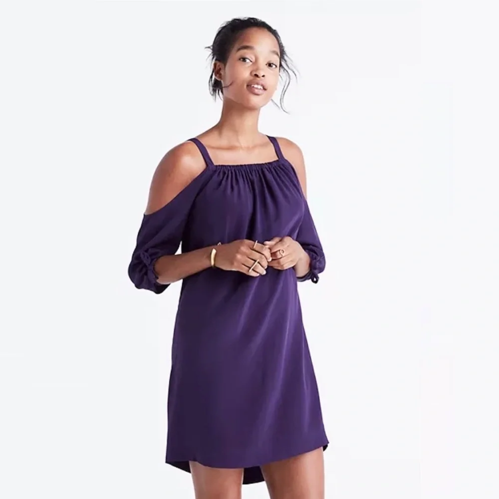 Madewell Silk Tie Sleeve Cold Shoulder Shift Dress Purple F9142 Size 6